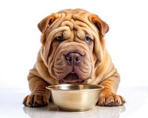 Chinese Shar-Pei dog sitting on white background and eating from a bowl.