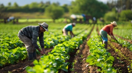 Fototapeta premium Modern Farmers Tending to Lush Green Crops with Precision in a Sustainable Field Setting