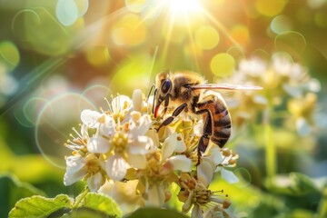 A bee is perched on a flower under the shining sunbeam