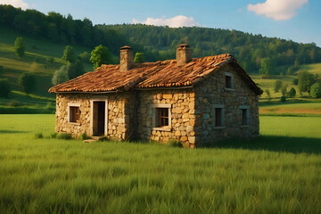 Obraz premium In the middle of a wide green field, there is an old stone house with small windows and a brown roof.
