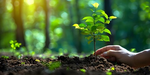 Caring for a Young Tree in a Forest: Symbolizing Earth Day. Concept Tree planting, Young forests, Earth Day celebrations, Sustainable practices, Environmental awareness