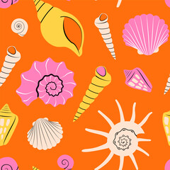 Seamless pattern with bright colorful Sea shells on orange background in modern flat style. Trendy pattern for fabric, textile, wrapping paper, wallpaper, stickers, notebook cover. Vector illustration