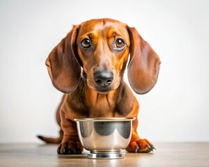Dachshund dog sitting on white background and eating from a bowl.