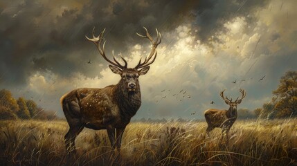 Majestic red deer bucks in meadow with developing antlers during stormy weather