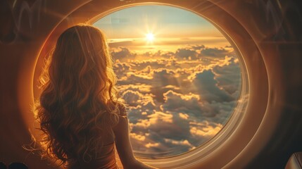 A woman taking in the breathtaking view of a sunset through the plane's window