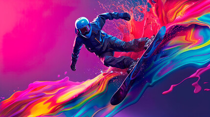 The figure of a young man snowboarding on a colourful abstract wave. Sport background. Winter sport. Snowboarder background design.