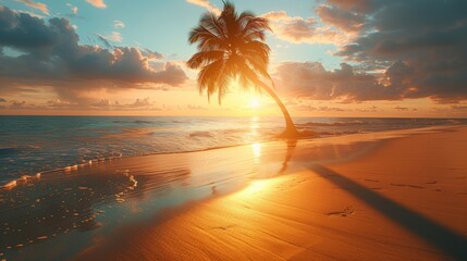 nature sunset scenery, a solitary palm tree stands tall as the sun sets, casting a shadow on the golden beach below with its elongated silhouette