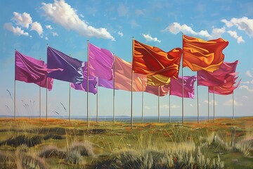 A group of colorful flags flapping in the wind, sending signals across a vast landscape.