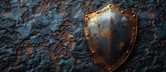 Fototapeta premium 3d render Metal shield on dark background. copy space