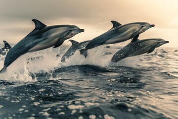 A group of dolphins leaping out of the water, communicating through whistles and clicks.