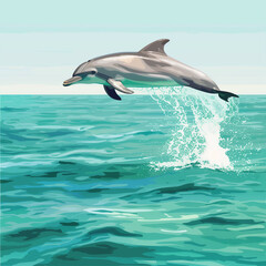 Oceanic Acrobatics: Silver Dolphin Leaping Over Turquoise Seas