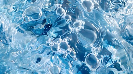 Transparent blue clear water surface texture with ripples, splashes and bubbles.