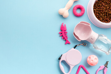 Vibrant Pet Care Essentials on Blue Backdrop. Pet supplies including a bowl of nutritious dry dog food, playful pink chew toys, a retractable leash, and a convenient water bottle. Flat lay, top view.