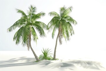 Obraz premium Summer Beach Day 3D renders two slightly curved growing palm trees. white background