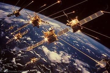A group of satellites orbiting the Earth, their antennae flashing as they transmit and receive data.