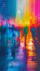 Vibrant city nightlife with colorful neon lights and silhouettes of people walking on a rainy street. Urban life and modern cityscape.