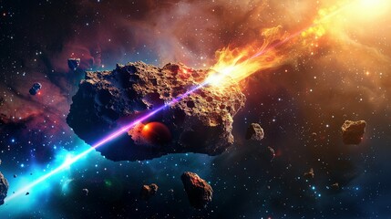 Space Abstraction: Bright Comet and Laser Flash Through Stone
