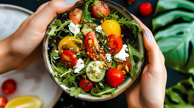 Mains de femme tenant un bol de salade compos&eacute;e