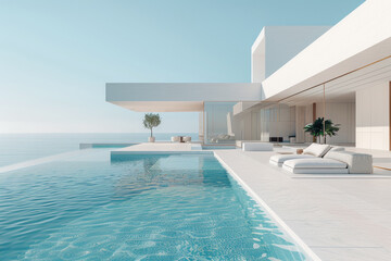 A large white house with a pool and a balcony overlooking the ocean