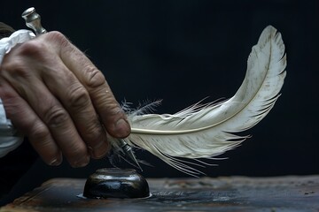 A hand holding a quill pen, dipping it into an inkwell, ready to write a message.