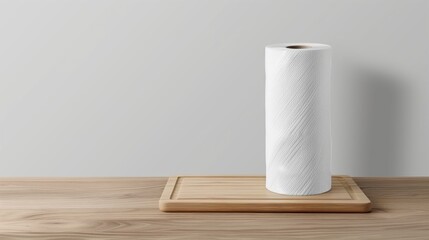 Roll of paper towels on wooden cutting board in kitchen morning.