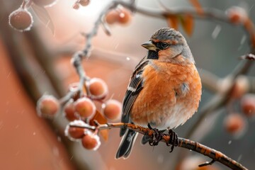 A tiny bird is sitting on a twig with berries on a tree branch