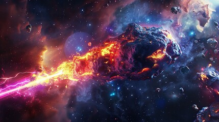 Space abstract background, burning comet, flash, laser through the stone, bright colors