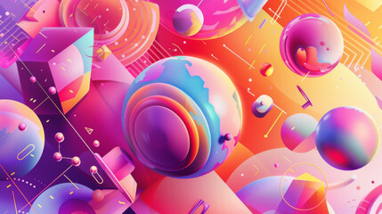 Abstract digital art combining 2D shapes and 3D forms with bright colors, textures, and AR elements