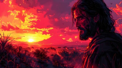 Pixel Art Portraying the Iconic Vision of Jesus Christ Radiating Tranquility and Benevolence in a Classical Chiaroscuro Landscape