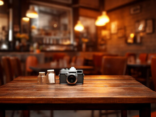 Empty wooden table and Coffee shop blur background with bokeh image.