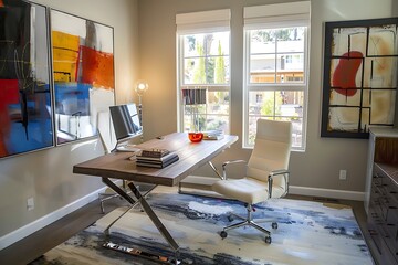 A home office with a modern desk, ergonomic chair, and abstract art on the walls.