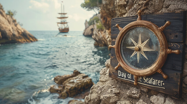 mockup banner for celebrating seafarers with compass, ship wheel on blackboard great maritime theme dayoftheseafarer