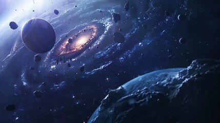 Naklejka premium Cosmic Galaxy Banner: Stunning Space View with Planets