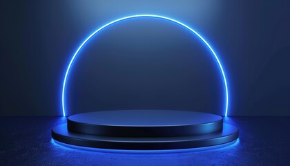 3d blue cylinder pedestal podium with Sci-fi dark blue abstract room with semi circle glowing neon lighting