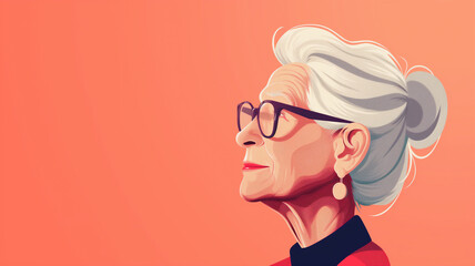 A side profile illustration of an elderly woman with white hair in a bun, wearing black glasses and earrings, set against an orange background.