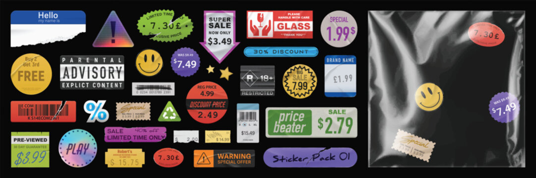 Trendy sticker pack with vinyl plastic wrap overlay. Vector sale and price vintage stickers. Torn retro labels and badges. Distressed elements.