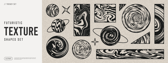 Futuristic vector texture set. Psychedelic shapes, liquid forms, abstract fluid, vintage elements. Y2k techno design shapes.