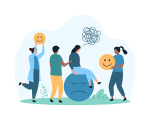 Mental health, changes in mood and emotions, emotional intelligence. Tiny people comforting woman with stress sitting on sad emoji, characters offer happy emoticons cartoon vector illustration