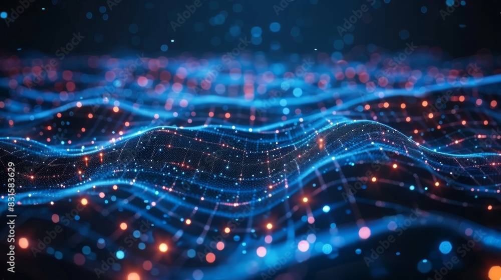 Aufkleber abstract digital wave pattern with glowing points and lines in blue and red, representing data flow,