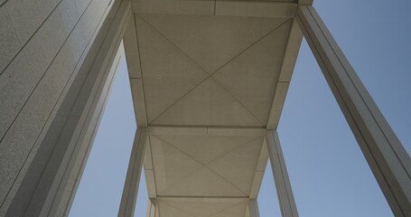 LOS ANGELES, CA, USA, APR 28, 2024: looking up at cement columns and architectural detail in music center area of downtown