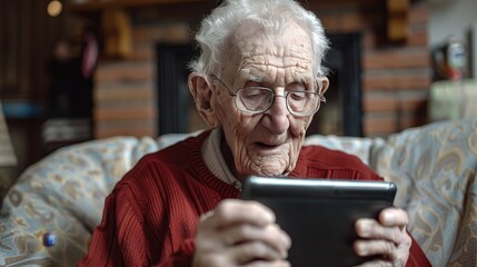 Joyful elderly couple laughing together while using a digital tablet in the comfort of their home