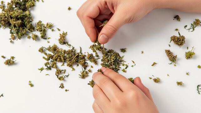Hands handling dried cannabis buds on a white surface, preparing them for use.