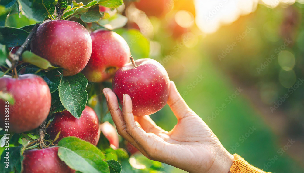 Canvas Prints woman's hand picking ripe red apples, symbolizing organic food and harvesting