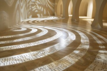 A labyrinth where the path is a continuous line of script