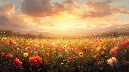 botanical illustration, handdrawn oil painting showing wildflowers in a sunlit field, capturing the vibrant essence of summer with its lively colors and atmosphere