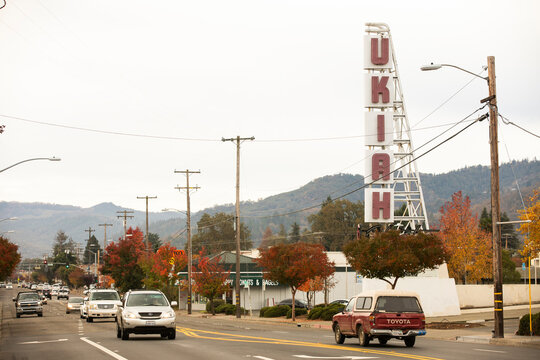 Ukiah, California, USA - November 18, 2021: Cloudy autumn light shines on the historic Ukiah city sign in downtown.