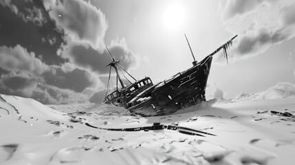 Frozen shipwreck flat design front view, ice and snow seascape, 3D render, black and white 