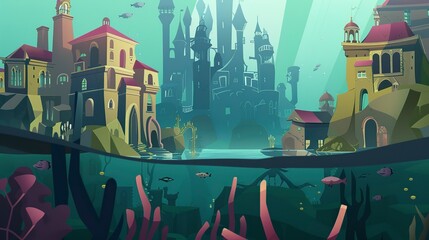 Secret underwater city flat design front view, hidden kingdoms, animation, analogous color scheme