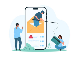 Phishing, awareness of fraud threat, theft of financial information. Tiny hacker thief from email holding fishing rod to hook credit card, warning message on phone screen cartoon vector illustration
