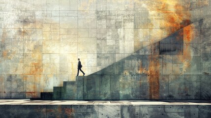 Conceptual art, man walking on surreal wall, hope lonely success and ambition concept, abstract of architechture